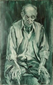 Grisaille drawing of a middle-aged seated man
